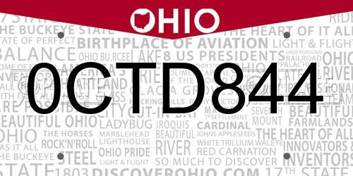 0CTD844 Ohio License Plate