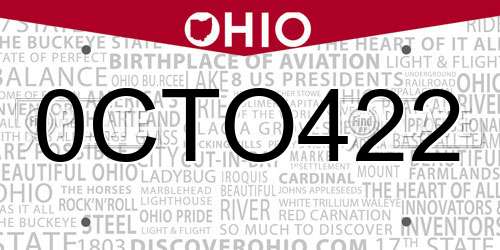 0CTO422 Ohio License Plate