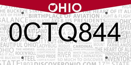 0CTQ844 Ohio License Plate