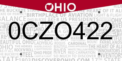 0CZO422 Ohio License Plate