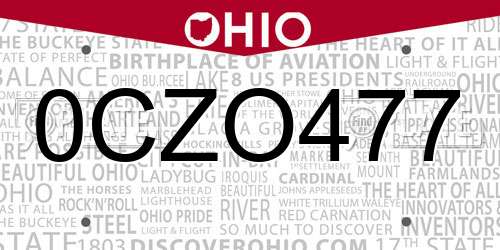 0CZO477 Ohio License Plate