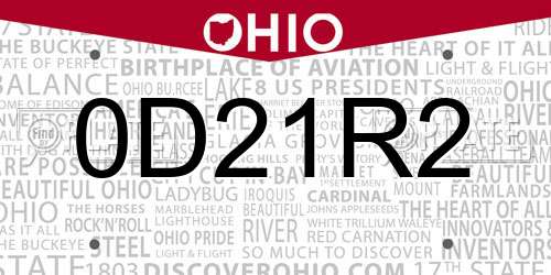 0D21R2 Ohio License Plate