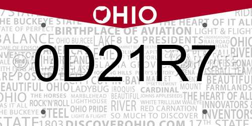 0D21R7 Ohio License Plate