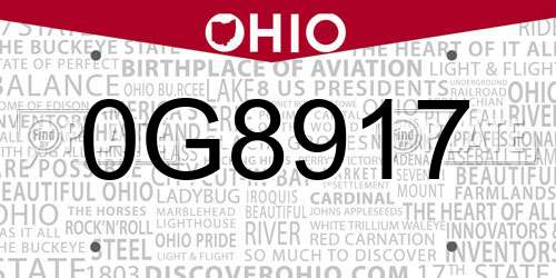 0G8917 Ohio License Plate