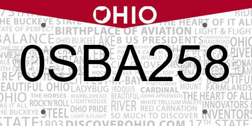 0SBA258 Ohio License Plate
