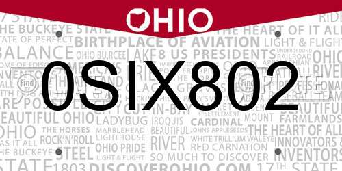 0SIX802 Ohio License Plate