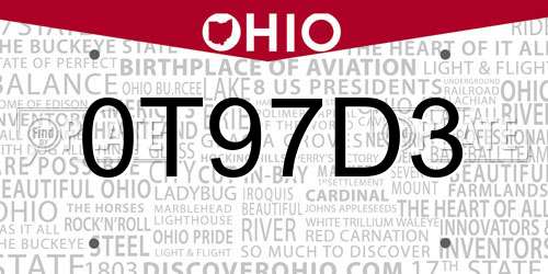 0T97D3 Ohio License Plate