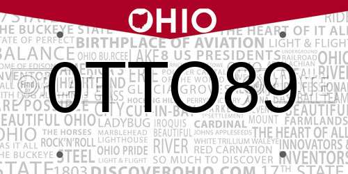 0TTO89 Ohio License Plate