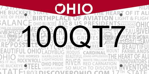 100QT7 Ohio License Plate