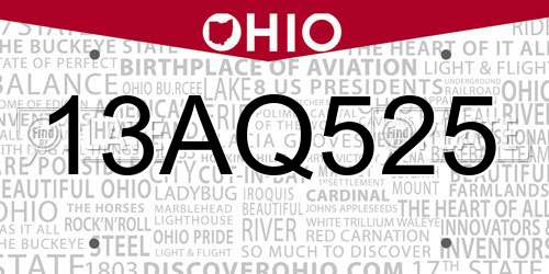 13AQ525 Ohio License Plate