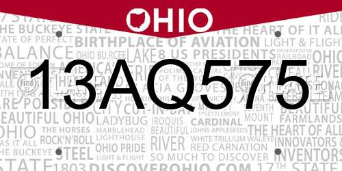 13AQ575 Ohio License Plate