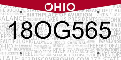 18OG565 Ohio License Plate