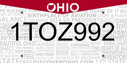 1TOZ992 Ohio License Plate