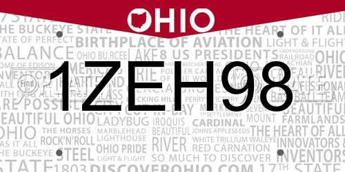 1ZEH98 Ohio License Plate