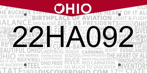 22HA092 Ohio License Plate