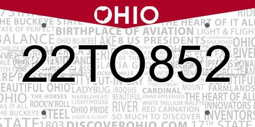 22TO852 Ohio License Plate