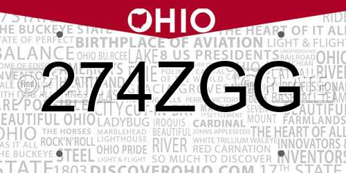274ZGG Ohio License Plate