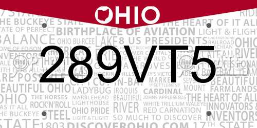 289VT5 Ohio License Plate