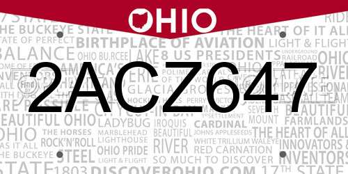 2ACZ647 Ohio License Plate