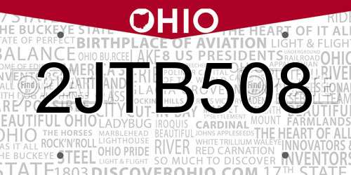 2JTB508 Ohio License Plate