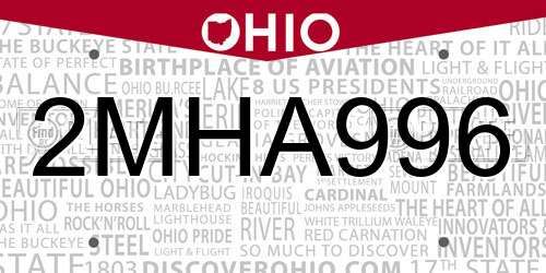 2MHA996 Ohio License Plate