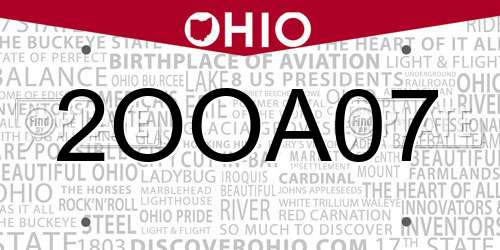 2OOA07 Ohio License Plate