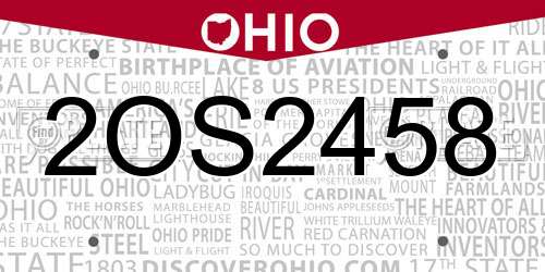2OS2458 Ohio License Plate