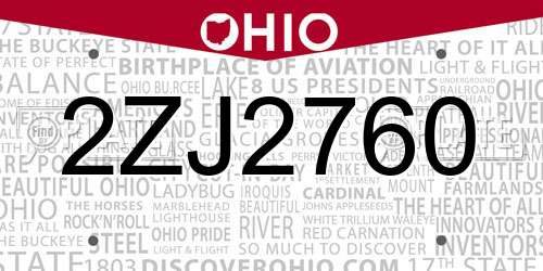 2ZJ2760 Ohio License Plate