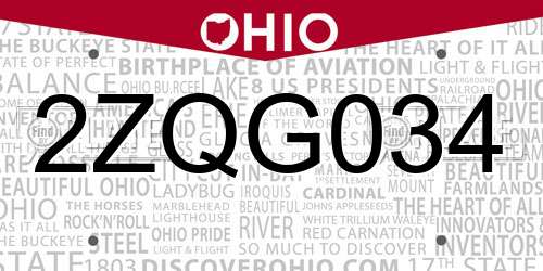2ZQG034 Ohio License Plate
