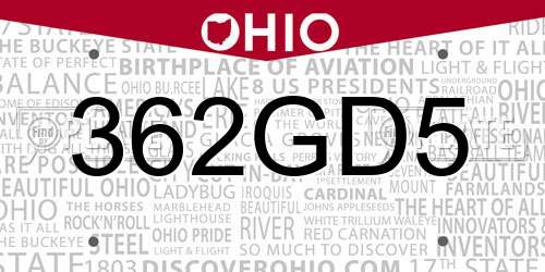 362GD5 Ohio License Plate