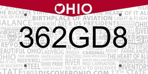 362GD8 Ohio License Plate