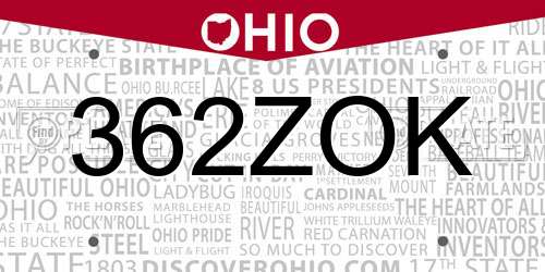 362ZOK Ohio License Plate