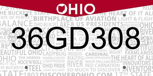 36GD308 Ohio License Plate