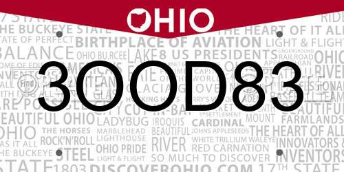 3OOD83 Ohio License Plate