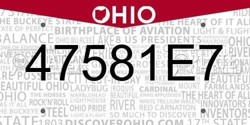 47581E7 Ohio License Plate