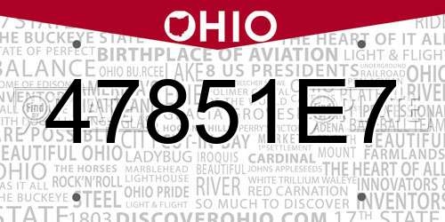 47851E7 Ohio License Plate