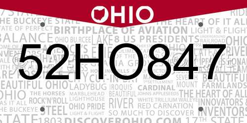 52HO847 Ohio License Plate