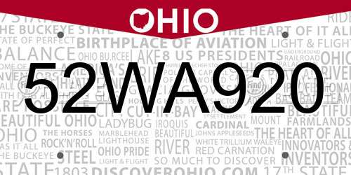 52WA920 Ohio License Plate