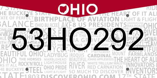53HO292 Ohio License Plate