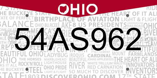 54AS962 Ohio License Plate