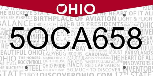 5OCA658 Ohio License Plate