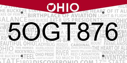5OGT876 Ohio License Plate
