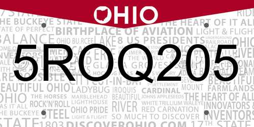 5ROQ205 Ohio License Plate