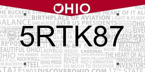 5RTK87 Ohio License Plate