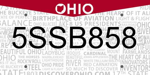 5SSB858 Ohio License Plate