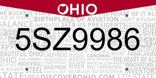 5SZ9986 Ohio License Plate