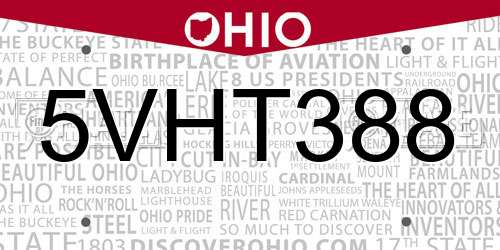 5VHT388 Ohio License Plate