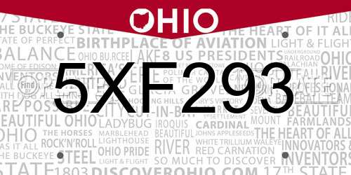 5XF293 Ohio License Plate