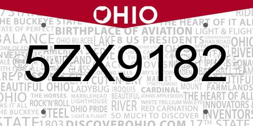 5ZX9182 Ohio License Plate