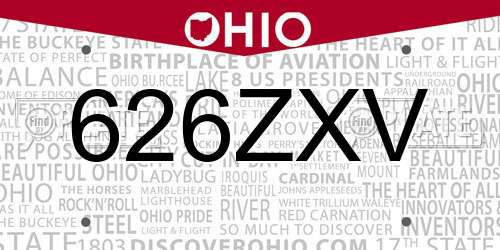 626ZXV Ohio License Plate